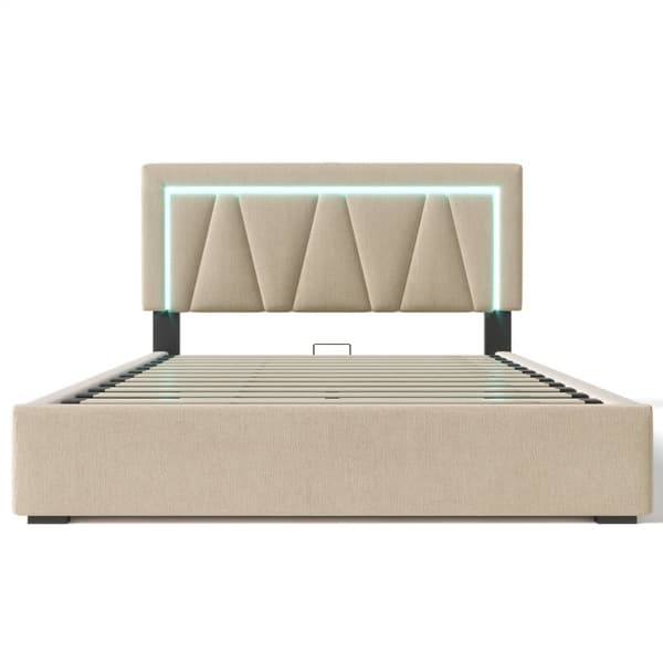 Stoppad förvaringssäng 140 x 200 cm med LED och USB- och typ C-laddningsanslutning - Linnetyg - Lamellram - Beige