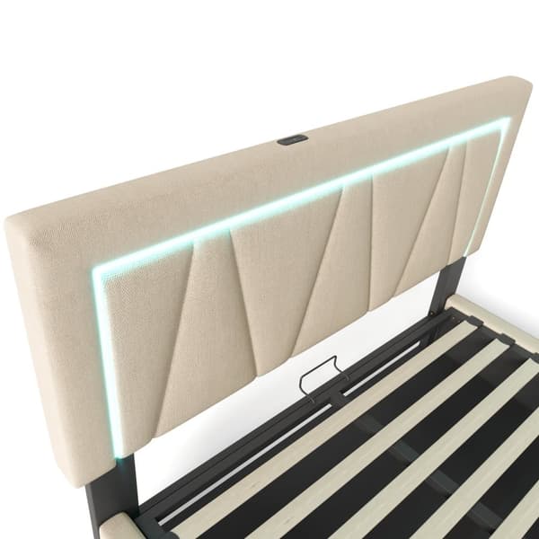 Stoppad förvaringssäng 140 x 200 cm med LED och USB- och typ C-laddningsanslutning - Linnetyg - Lamellram - Beige