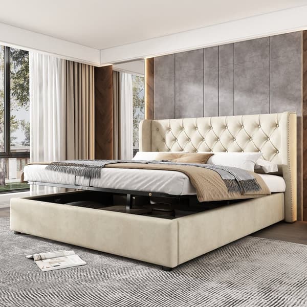 Opbevaringsseng i fløjl 180 x 200 cm med lamelbund - Beige