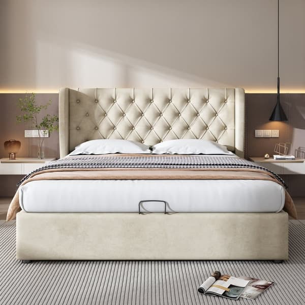 Opbevaringsseng i fløjl 180 x 200 cm med lamelbund - Beige