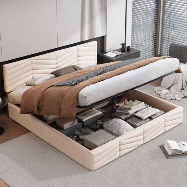 Fløjlsseng med opbevaringsplads og lamelramme + justerbar sengegavl - 160 x 200 cm - beige