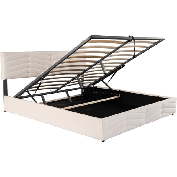 Fløjlsseng med opbevaringsplads og lamelramme + justerbar sengegavl - 160 x 200 cm - beige