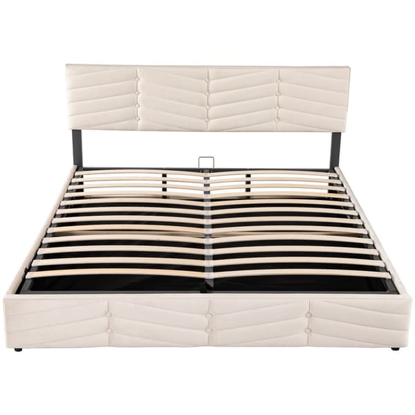 Fløjlsseng med opbevaringsplads og lamelramme + justerbar sengegavl - 160 x 200 cm - beige