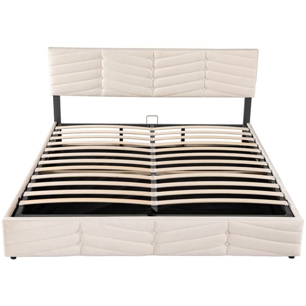 Fløjlsseng med opbevaringsplads og lamelramme + justerbar sengegavl - 160 x 200 cm - beige
