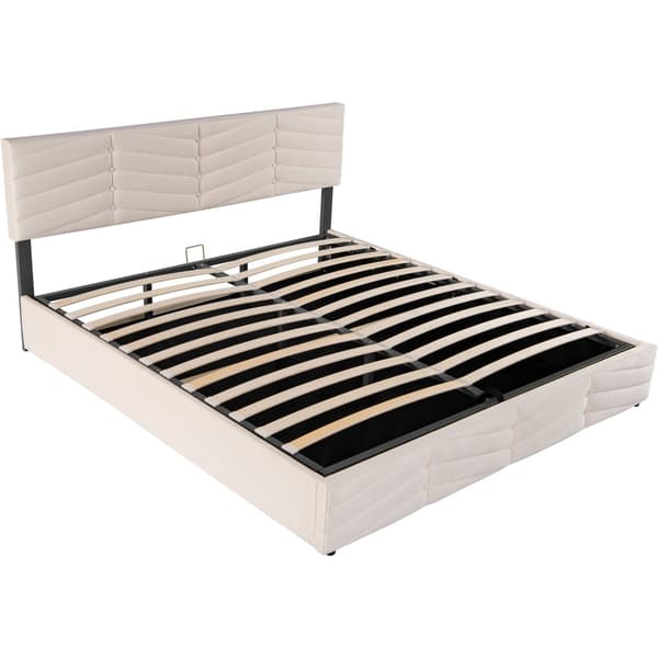 Fløjlsseng med opbevaringsplads og lamelramme + justerbar sengegavl - 160 x 200 cm - beige