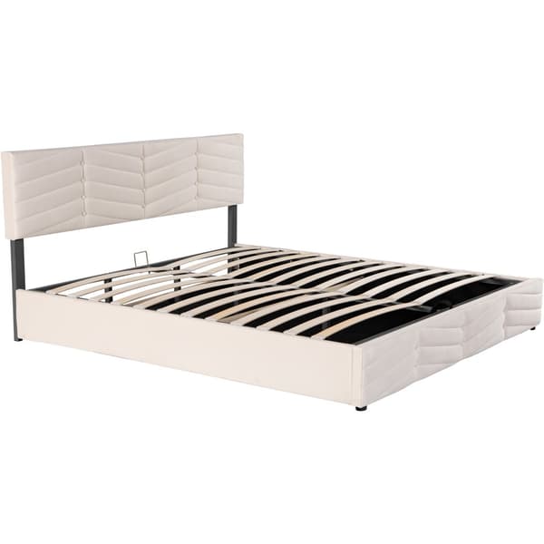 Fløjlsseng med opbevaringsplads og lamelramme + justerbar sengegavl - 160 x 200 cm - beige