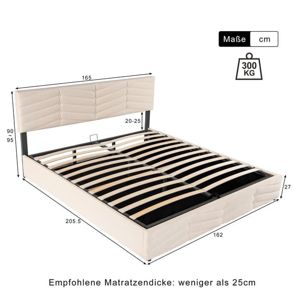 Fløjlsseng med opbevaringsplads og lamelramme + justerbar sengegavl - 160 x 200 cm - beige