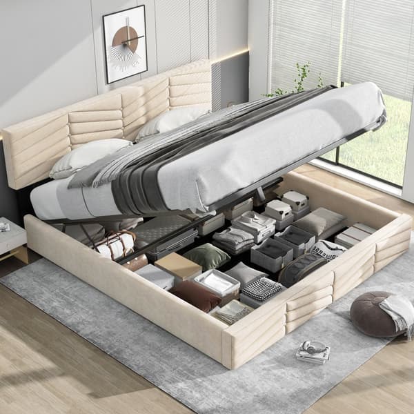 Fløjlsseng med opbevaringsplads og lamelramme + justerbar sengegavl - 160 x 200 cm - beige