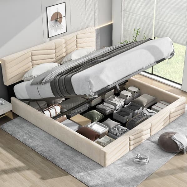 Fløjlsseng med opbevaringsplads og lamelramme + justerbar sengegavl - 160 x 200 cm - beige