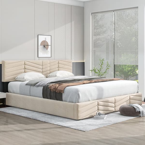 Fløjlsseng med opbevaringsplads og lamelramme + justerbar sengegavl - 160 x 200 cm - beige