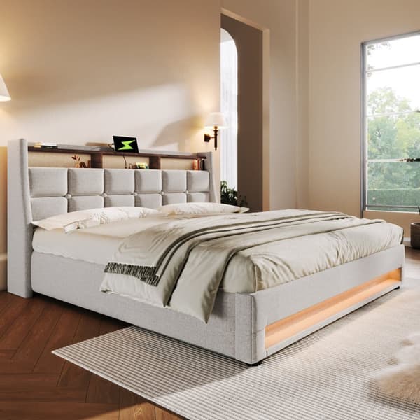 Linnedseng med opbevaringsplads 180x200cm med LED- og USB-tilslutninger - Lamelramme - Beige