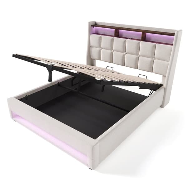 Linnedseng med opbevaringsplads 180x200cm med LED- og USB-tilslutninger - Lamelramme - Beige