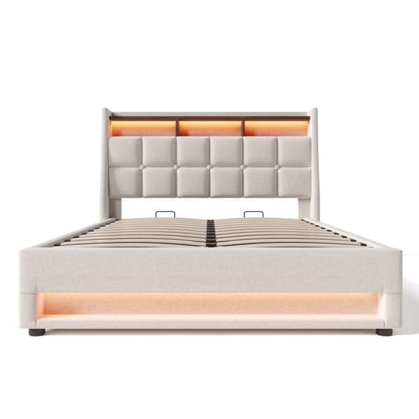 Linnedseng med opbevaringsplads 180x200cm med LED- og USB-tilslutninger - Lamelramme - Beige