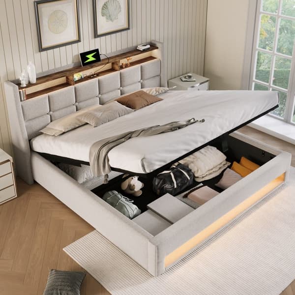 Linnedseng med opbevaringsplads 180x200cm med LED- og USB-tilslutninger - Lamelramme - Beige