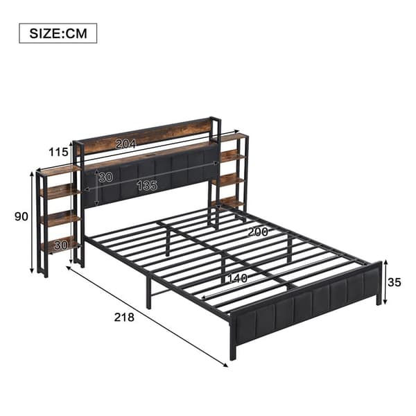 Voksenseng 140 x 200 cm - Fløjlssengegavl med hylder og 3 USB-porte - Metalstel - Sort