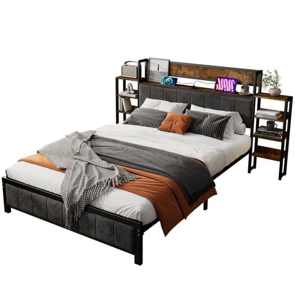 Voksenseng 140 x 200 cm - Fløjlssengegavl med hylder og 3 USB-porte - Metalstel - Sort