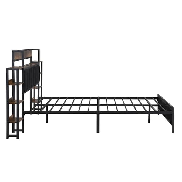 Voksenseng 140 x 200 cm - Fløjlssengegavl med hylder og 3 USB-porte - Metalstel - Sort