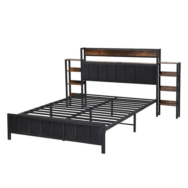 Voksenseng 140 x 200 cm - Fløjlssengegavl med hylder og 3 USB-porte - Metalstel - Sort
