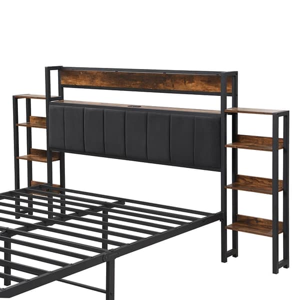 Voksenseng 140 x 200 cm - Fløjlssengegavl med hylder og 3 USB-porte - Metalstel - Sort
