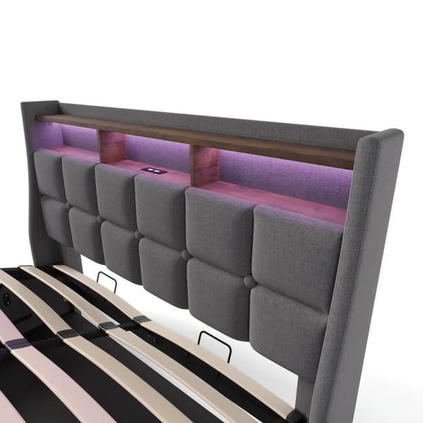 Säng med förvaringsutrymme i linne 160x200cm med LED- och USB-anslutningar - lamellram - grå