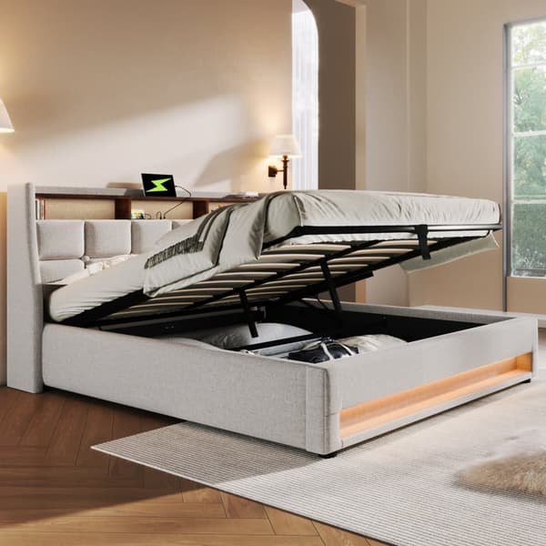 Seng med sengelinned, opbevaringsplads 140x200cm med LED- og USB-tilslutninger - Lamelramme - Beige