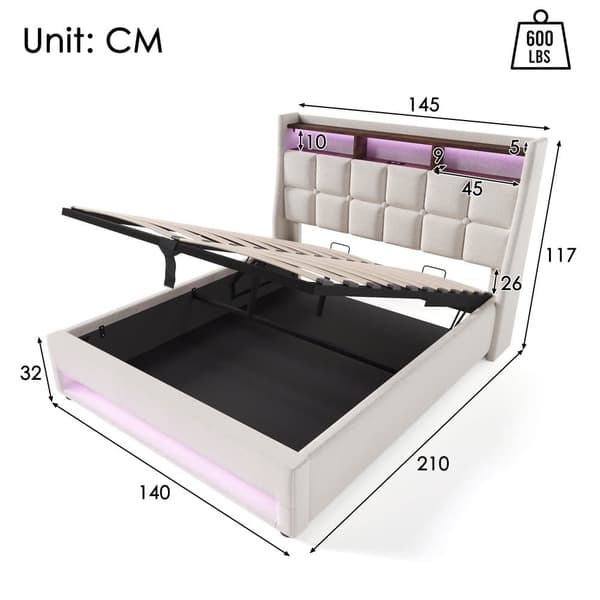Seng med sengelinned, opbevaringsplads 140x200cm med LED- og USB-tilslutninger - Lamelramme - Beige
