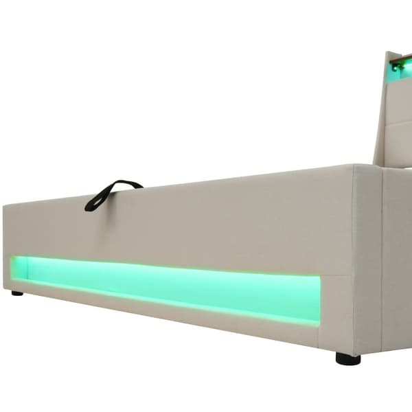 Seng med sengelinned, opbevaringsplads 140x200cm med LED- og USB-tilslutninger - Lamelramme - Beige
