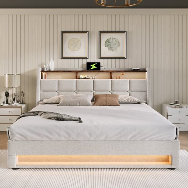 Seng med sengelinned, opbevaringsplads 140x200cm med LED- og USB-tilslutninger - Lamelramme - Beige