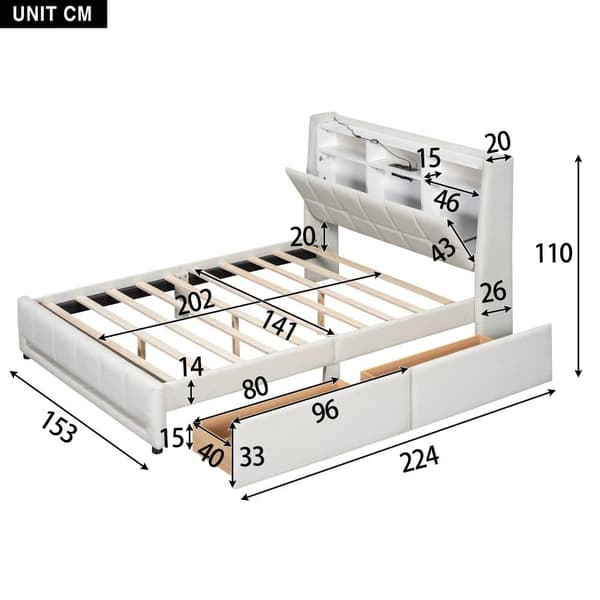 Dobbeltseng 140 x 200 cm i hørstof - med 2 skuffer + LED + USB-stik - Beige