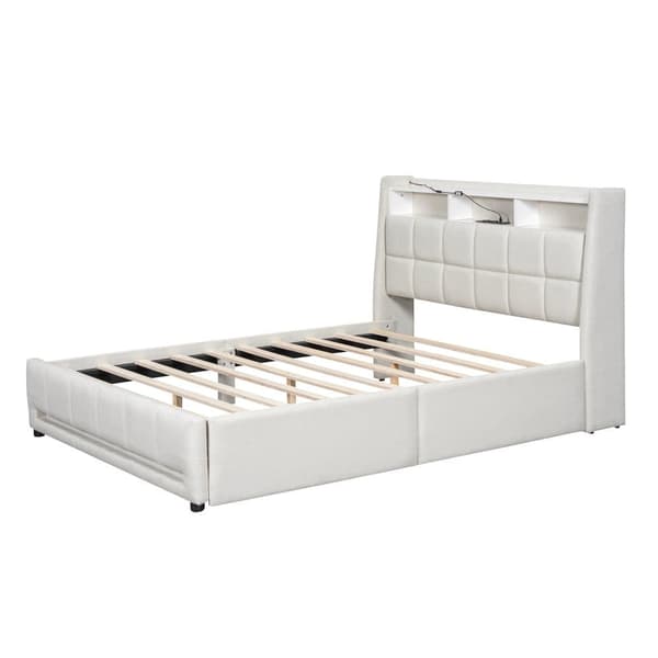 Dobbeltseng 140 x 200 cm i hørstof - med 2 skuffer + LED + USB-stik - Beige