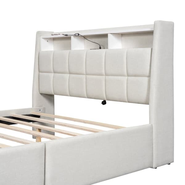 Dobbeltseng 140 x 200 cm i hørstof - med 2 skuffer + LED + USB-stik - Beige