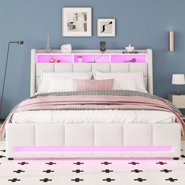 Dobbeltseng 140 x 200 cm i hørstof - med 2 skuffer + LED + USB-stik - Beige