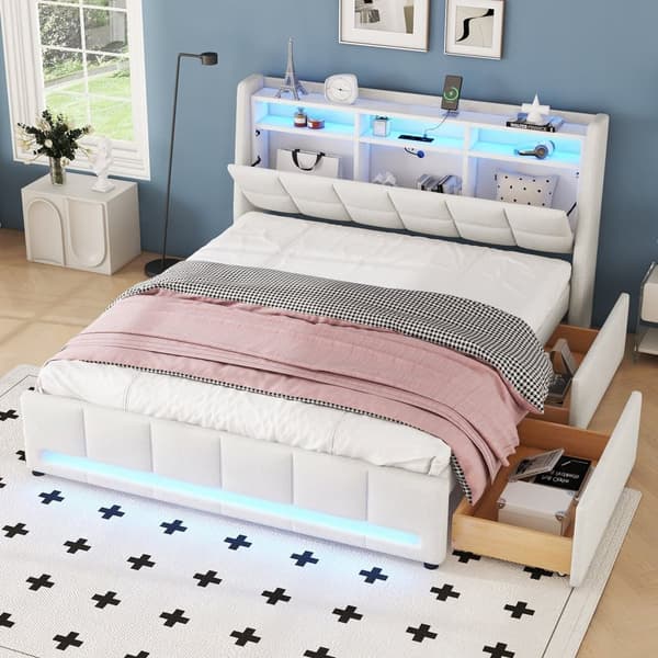 Dobbeltseng 140 x 200 cm i hørstof - med 2 skuffer + LED + USB-stik - Beige