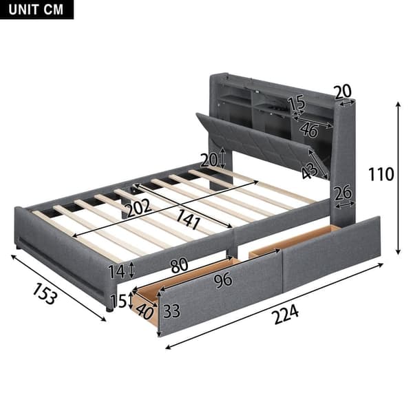 Dobbeltseng 140 x 200 cm i hørstof - med 2 skuffer + LED + USB-stik - grå