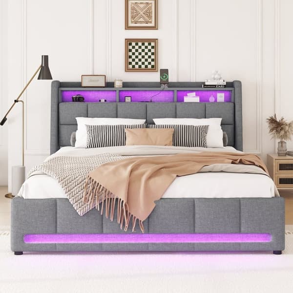 Dobbeltseng 140 x 200 cm i hørstof - med 2 skuffer + LED + USB-stik - grå