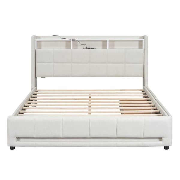 Dobbeltseng 160 x 200 cm i hørstof - med 2 skuffer + LED + USB-stik - Beige