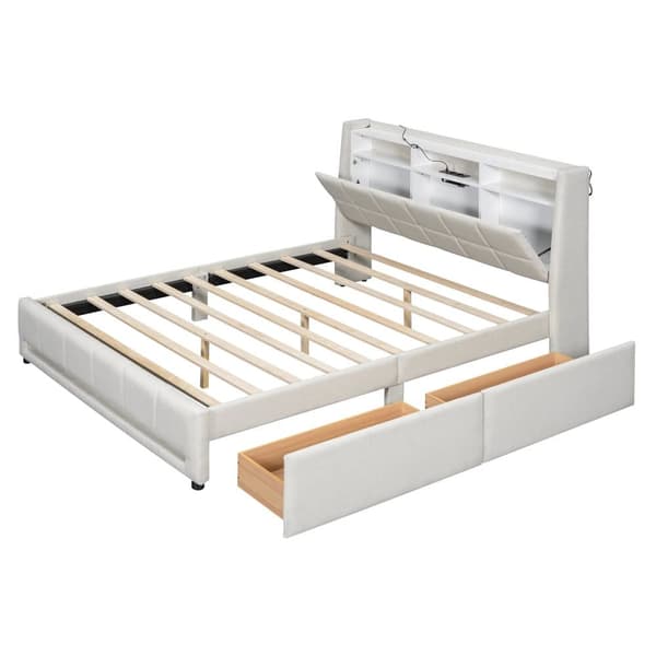Dobbeltseng 160 x 200 cm i hørstof - med 2 skuffer + LED + USB-stik - Beige