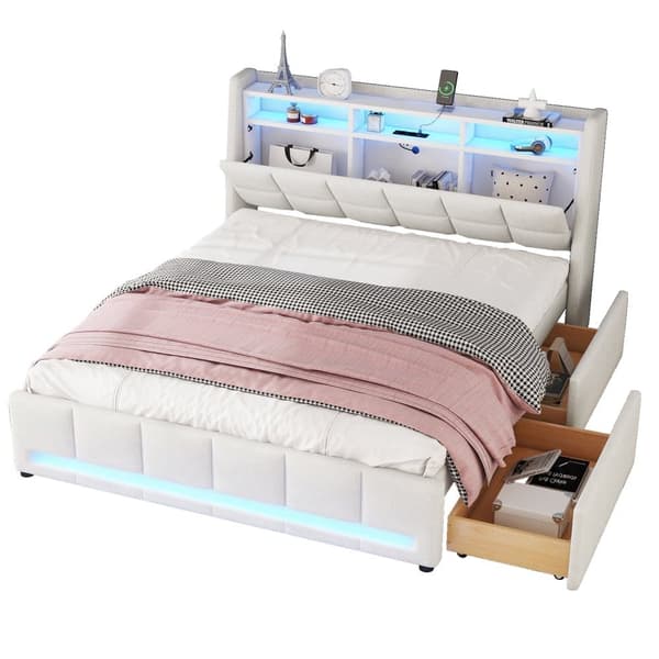 Dobbeltseng 160 x 200 cm i hørstof - med 2 skuffer + LED + USB-stik - Beige