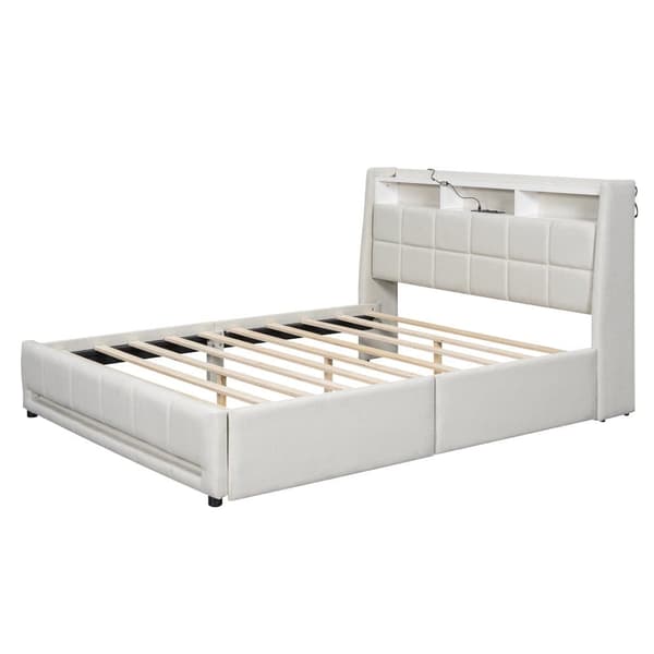 Dobbeltseng 160 x 200 cm i hørstof - med 2 skuffer + LED + USB-stik - Beige