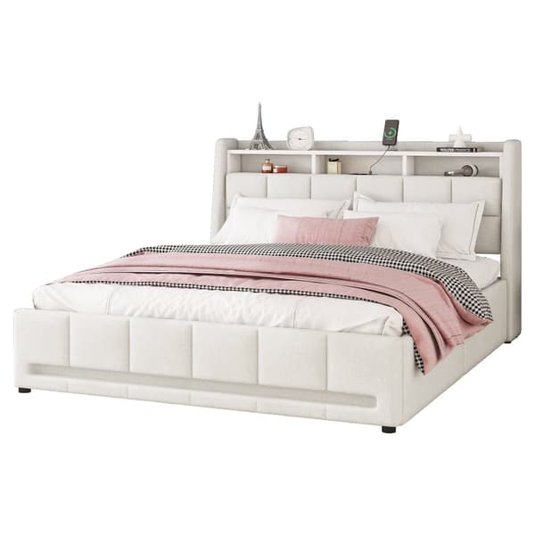 Dobbeltseng 160 x 200 cm i hørstof - med 2 skuffer + LED + USB-stik - Beige