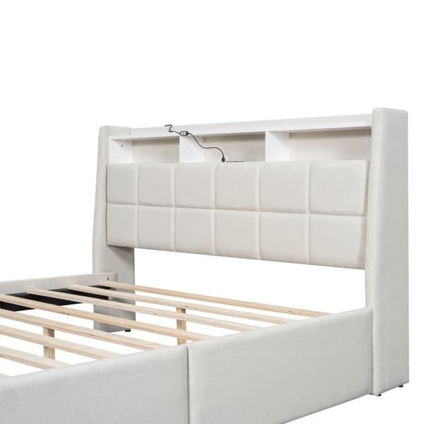Dobbeltseng 160 x 200 cm i hørstof - med 2 skuffer + LED + USB-stik - Beige
