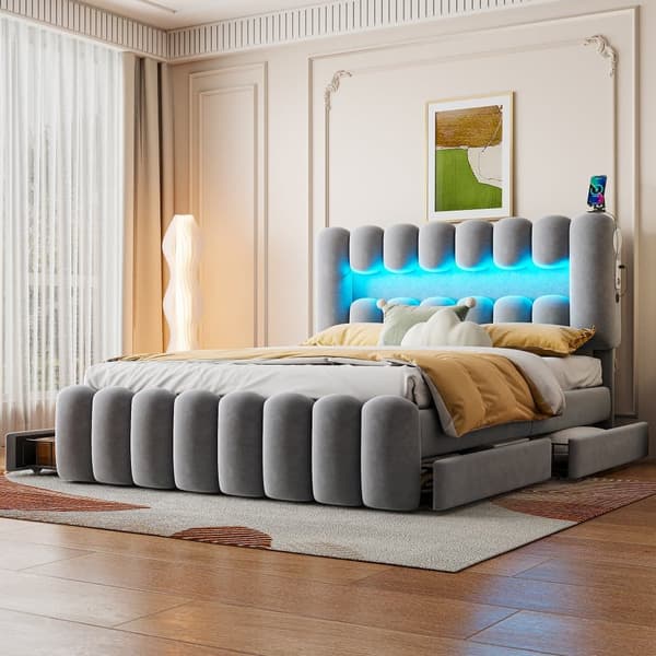 Samettisänky - 160 x 200 cm - 4 laatikkoa + LED + latauspistoke + lukija - Harmaa