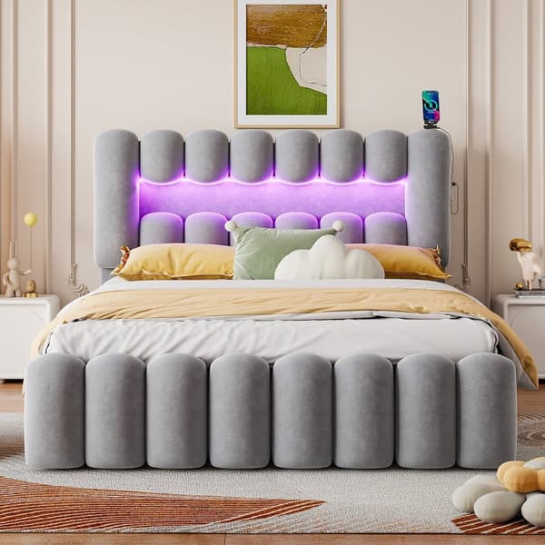 Samettisänky - 160 x 200 cm - 4 laatikkoa + LED + latauspistoke + lukija - Harmaa