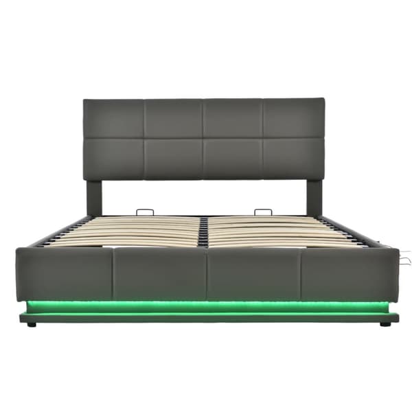 Seng med sengebund 160x200cm - med LED + lamelramme + justerbar sengegavl - læder - grå