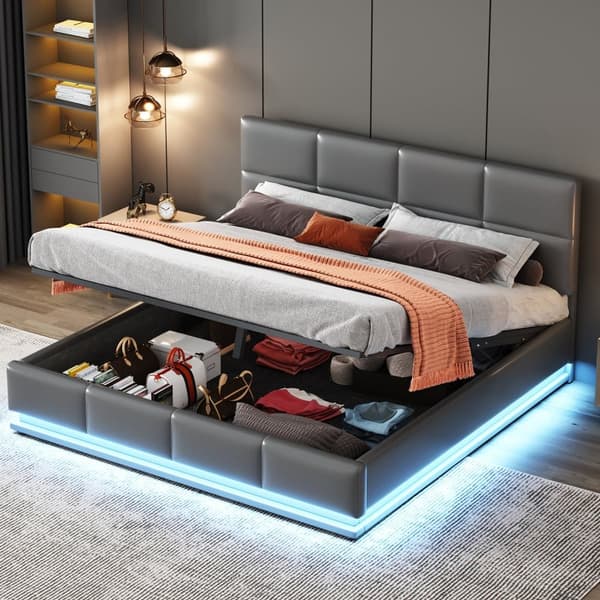 Seng med sengebund 160x200cm - med LED + lamelramme + justerbar sengegavl - læder - grå