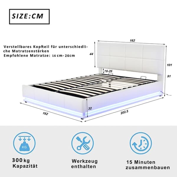 Seng med sengebund 160x200cm - med LED + lamelramme + justerbar sengegavl - læder - hvid