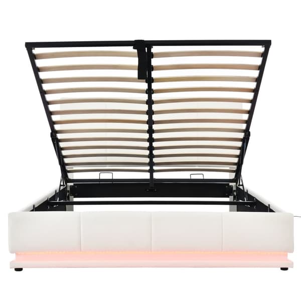 Seng med sengebund 160x200cm - med LED + lamelramme + justerbar sengegavl - læder - hvid