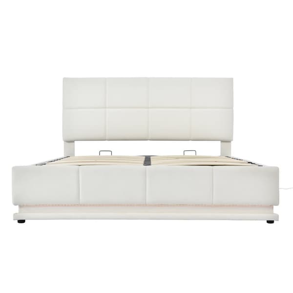 Seng med sengebund 160x200cm - med LED + lamelramme + justerbar sengegavl - læder - hvid