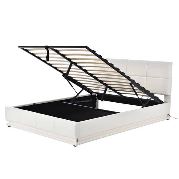Seng med sengebund 160x200cm - med LED + lamelramme + justerbar sengegavl - læder - hvid