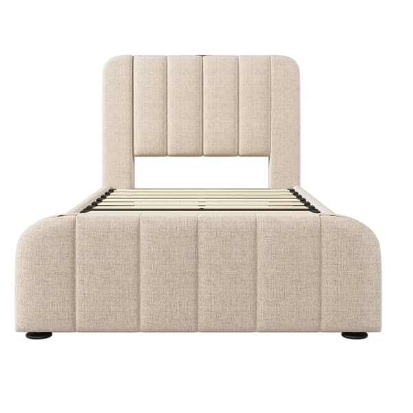 Säng med lådor 90 x 200 cm i linnetyg - med USB- och typ C-laddning - dekorerad med gyllene ränder - Beige